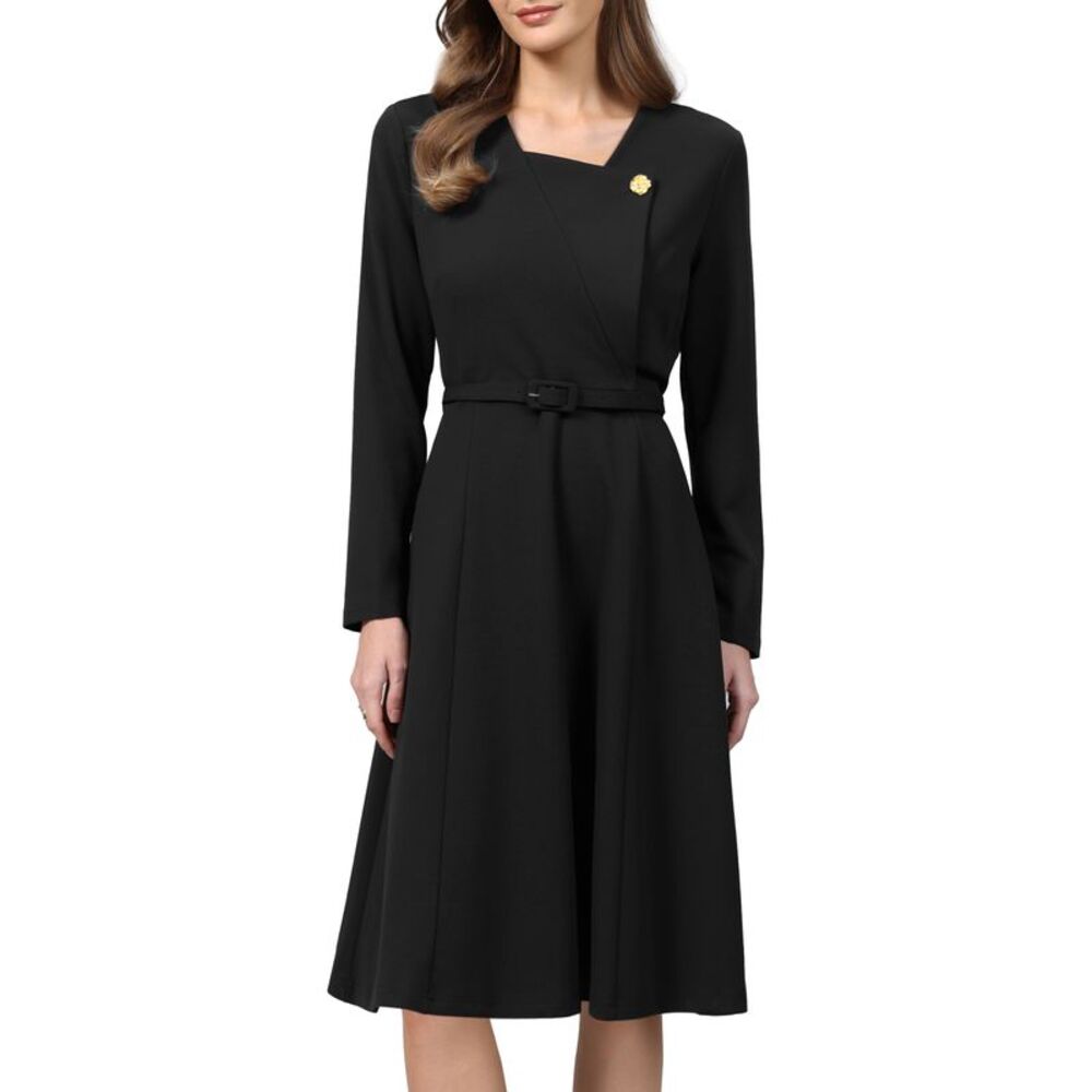 Women Lapel V Neck Long Sleeve A-Line with Belted Work Dress  Black